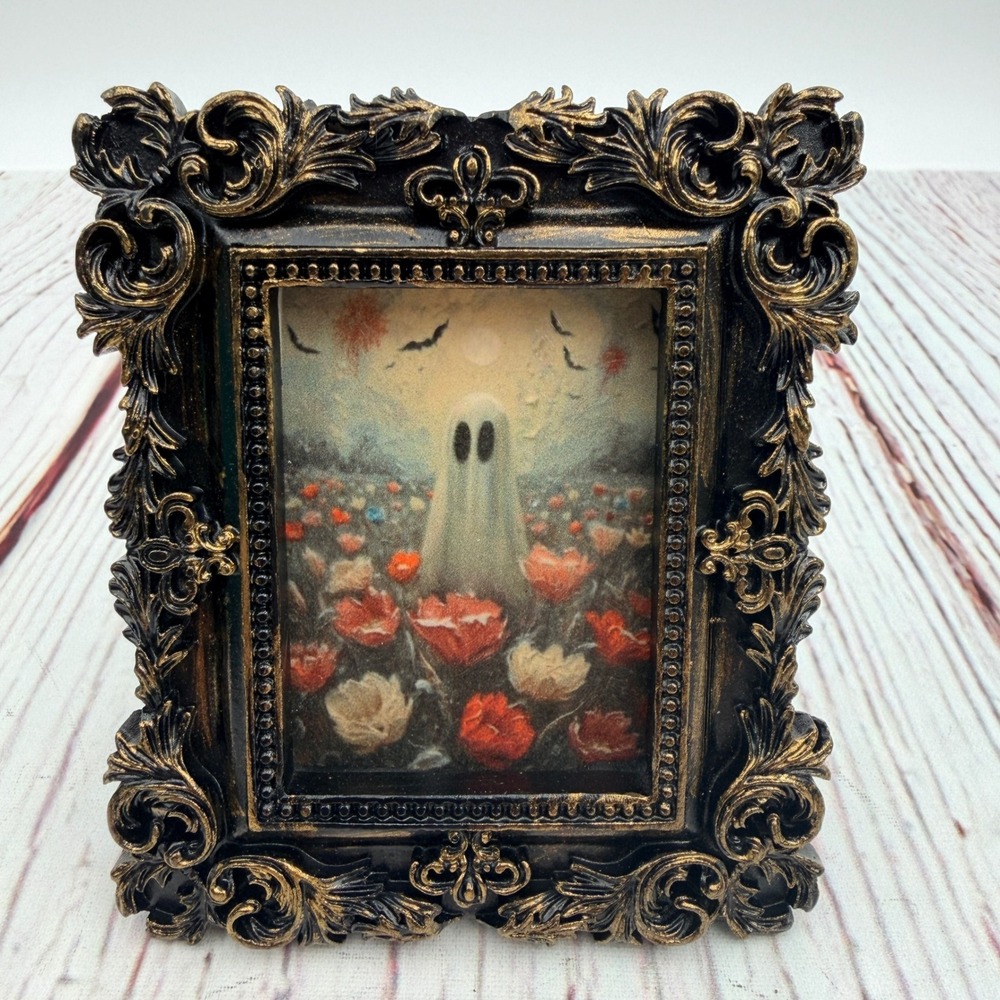 Handmade Ghost Flower Field Decoupage Art Ornate Gold Black Resin Frame